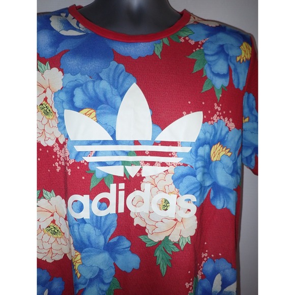 Adidas Trefoil Floral Print T Shirt Men's Size Medium Red Blue White - Picture 2 of 5